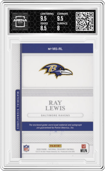 Ray Lewis from the 2020 Panini National Treasures set and given an overall grade of 8.5.