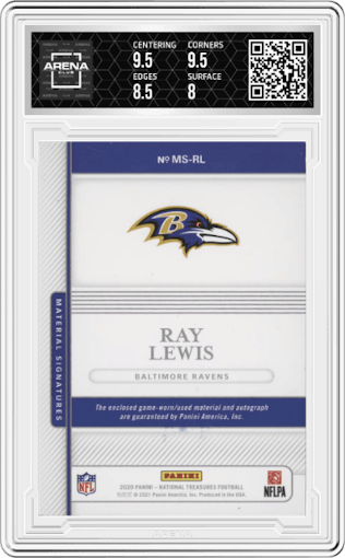Ray Lewis from the 2020 Panini National Treasures set graded by Arena Club and given an overall grade of 8.5.