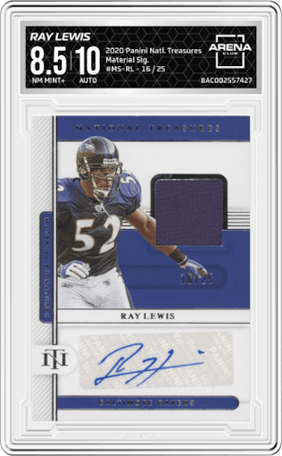 Ray Lewis from the 2020 Panini National Treasures set graded by Arena Club and given an overall grade of 8.5.