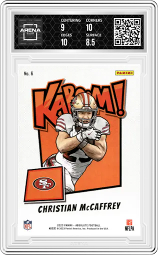 Christian McCaffrey from the 2023 Panini Absolute set graded by Arena Club and given an overall grade of 9.