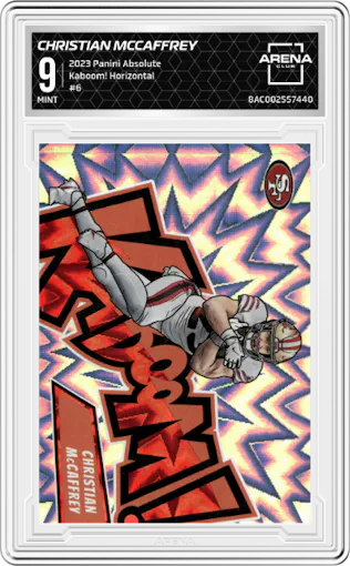 Christian McCaffrey from the 2023 Panini Absolute set graded by Arena Club and given an overall grade of 9.