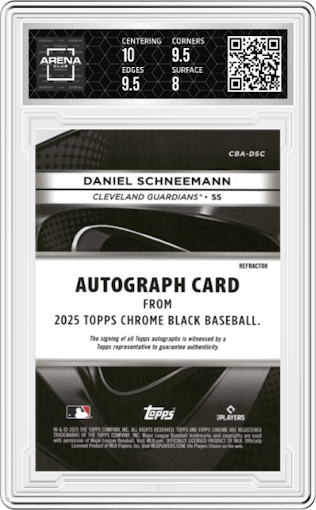 Daniel Schneemann from the 2025 Topps Chrome Black set featuring a Refractor parallel graded by Arena Club and given an overall grade of 8.5.