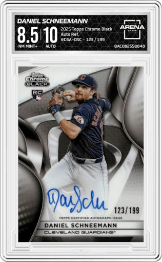 Daniel Schneemann from the 2025 Topps Chrome Black set featuring a Refractor parallel graded by Arena Club and given an overall grade of 8.5.