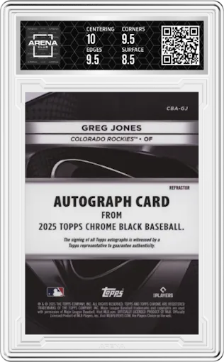 Greg Jones from the 2025 Topps Chrome Black set featuring a Refractor parallel graded by Arena Club and given an overall grade of 9.