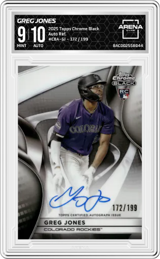 Greg Jones from the 2025 Topps Chrome Black set featuring a Refractor parallel graded by Arena Club and given an overall grade of 9.