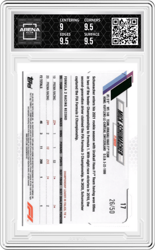 Mick Schumacher from the 2021 Topps Chrome F1  set featuring a Gold Refractor parallel graded by Arena Club and given an overall grade of 9.5.