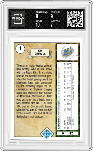 Ken Griffey Jr. from the 1989 Upper Deck set graded by Arena Club and given an overall grade of 7.5.