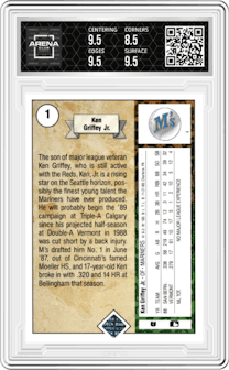 Ken Griffey Jr. from the 1989 Upper Deck set graded by Arena Club and given an overall grade of 9.