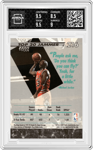 Michael Jordan from the 1992-93 Fleer Ultra set graded by Arena Club and given an overall grade of 9.