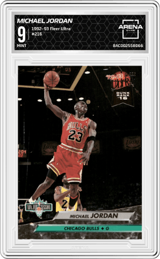 Michael Jordan from the 1992-93 Fleer Ultra set graded by Arena Club and given an overall grade of 9.