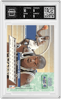 Shaquille O’Neal from the 1992-93 Fleer Ultra set graded by Arena Club and given an overall grade of 8.5.