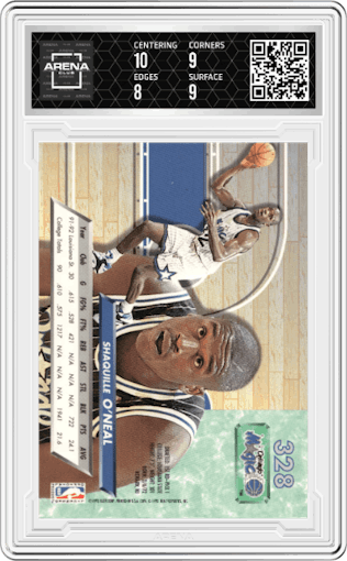 Shaquille O’Neal from the 1992-93 Fleer Ultra set graded by Arena Club and given an overall grade of 8.5.