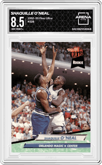 Shaquille O’Neal from the 1992-93 Fleer Ultra set graded by Arena Club and given an overall grade of 8.5.