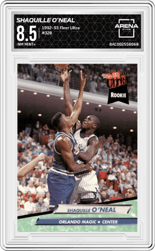 Shaquille O’Neal from the 1992-93 Fleer Ultra set graded by Arena Club and given an overall grade of 8.5.