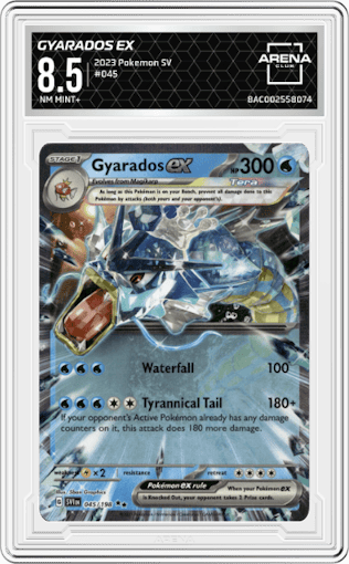 Gyarados EX from the 2023 Pokemon SV set graded by Arena Club and given an overall grade of 8.5.