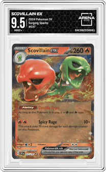 Scovillain ex from the 2024 Pokemon SV set graded by Arena Club and given an overall grade of 9.5.