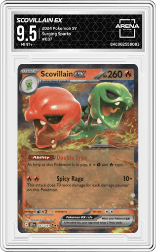 Scovillain ex from the 2024 Pokemon SV set graded by Arena Club and given an overall grade of 9.5.