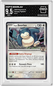Hop's Snorlax from the 2025 Pokemon SV set graded by Arena Club and given an overall grade of 9.5.