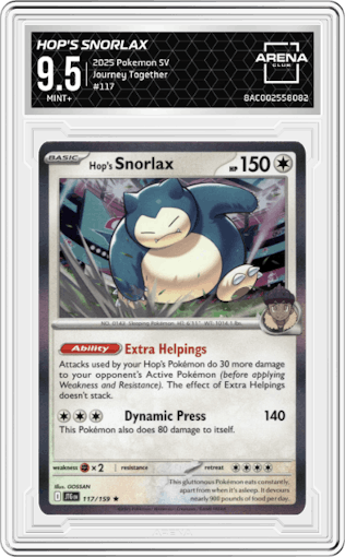 Hop's Snorlax from the 2025 Pokemon SV set graded by Arena Club and given an overall grade of 9.5.