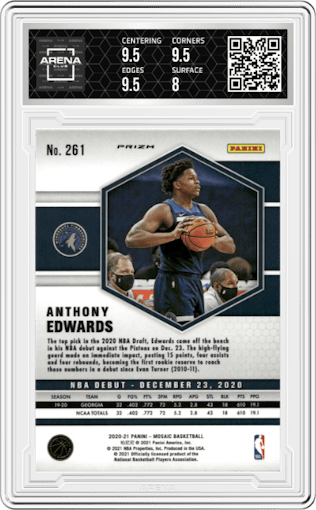 Anthony Edwards from the 2020-21 Panini Mosaic set featuring a Green Mosaic parallel graded by Arena Club and given an overall grade of 8.5.