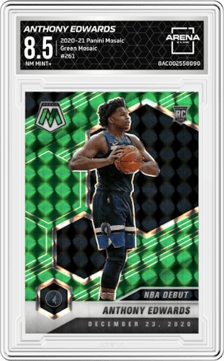 Anthony Edwards from the 2020-21 Panini Mosaic set featuring a Green Mosaic parallel graded by Arena Club and given an overall grade of 8.5.