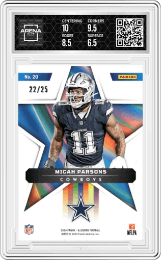Micah Parsons from the 2024 Panini Illusions set featuring a Gold parallel graded by Arena Club and given an overall grade of 7.
