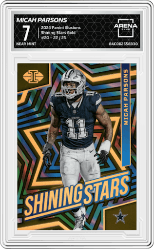 Micah Parsons from the 2024 Panini Illusions set featuring a Gold parallel graded by Arena Club and given an overall grade of 7.
