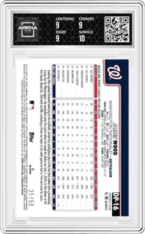 James Wood from the 2025 Topps set featuring a Gold parallel graded by Arena Club and given an overall grade of 9.5.