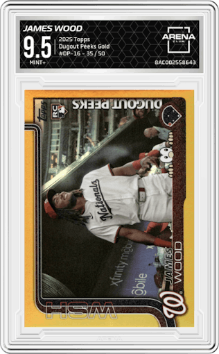 James Wood from the 2025 Topps set featuring a Gold parallel graded by Arena Club and given an overall grade of 9.5.