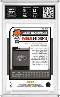 Victor Wembanyama from the 2023-24 Panini Hoops Premium Stock set featuring a Seismic Prizms parallel graded by Arena Club and given an overall grade of 9.
