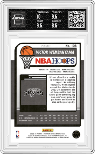Victor Wembanyama from the 2023-24 Panini Hoops Premium Stock set featuring a Seismic Prizms parallel graded by Arena Club and given an overall grade of 9.