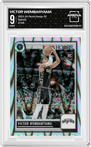 Victor Wembanyama from the 2023-24 Panini Hoops Premium Stock set featuring a Seismic Prizms parallel graded by Arena Club and given an overall grade of 9.