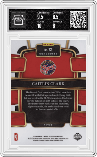 Caitlin Clark from the 2024 Panini Select WNBA set graded by Arena Club and given an overall grade of 8.5.
