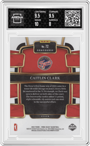Caitlin Clark from the 2024 Panini Select WNBA set graded by Arena Club and given an overall grade of 8.5.