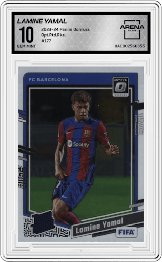 Lamine Yamal from the 2023-24 Panini Donruss set graded by Arena Club and given an overall grade of 10.