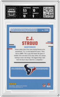 C.J. Stroud from the 2023 Donruss Optic set graded by Arena Club and given an overall grade of 9.5.