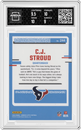 C.J. Stroud from the 2023 Donruss Optic set graded by Arena Club and given an overall grade of 9.5.