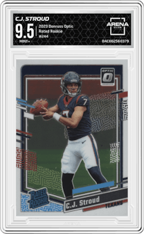 C.J. Stroud from the 2023 Donruss Optic set graded by Arena Club and given an overall grade of 9.5.