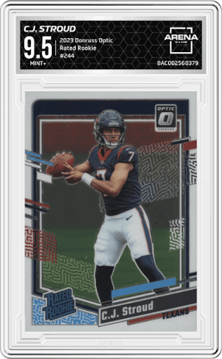 C.J. Stroud from the 2023 Donruss Optic set graded by Arena Club and given an overall grade of 9.5.