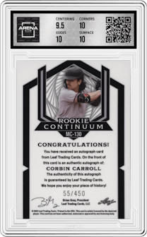 Corbin Carroll from the 2023 Leaf Metal Continuum Multi-Sport set graded by Arena Club and given an overall grade of 10.