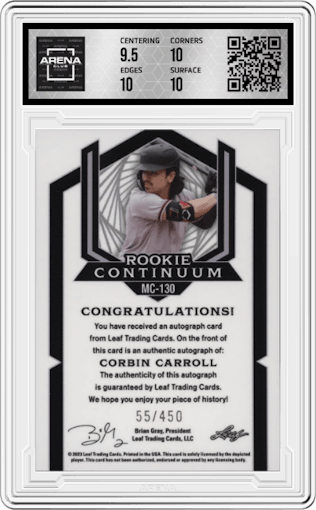 Corbin Carroll from the 2023 Leaf Metal Continuum Multi-Sport set graded by Arena Club and given an overall grade of 10.