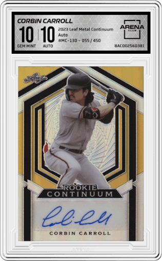 Corbin Carroll from the 2023 Leaf Metal Continuum Multi-Sport set graded by Arena Club and given an overall grade of 10.