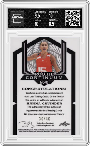 Hanna Cavinder from the 2023 Leaf Metal Continuum Multi-Sport set graded by Arena Club and given an overall grade of 9.