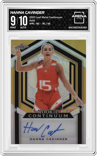 Hanna Cavinder from the 2023 Leaf Metal Continuum Multi-Sport set graded by Arena Club and given an overall grade of 9.