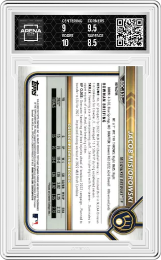 Jacob Misiorowski  from the 2022 Bowman Draft set featuring a Refractor parallel graded by Arena Club and given an overall grade of 9.
