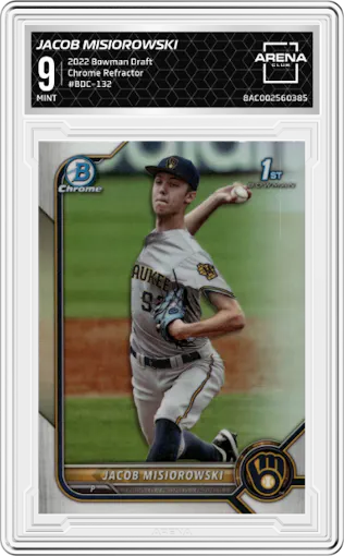 Jacob Misiorowski  from the 2022 Bowman Draft set featuring a Refractor parallel graded by Arena Club and given an overall grade of 9.