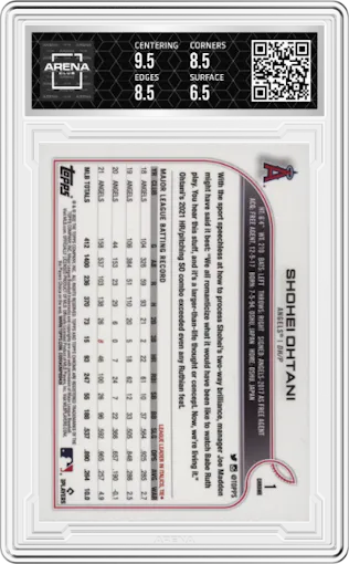 Shohei Ohtani from the 2022 Topps Chrome set graded by Arena Club and given an overall grade of 7.