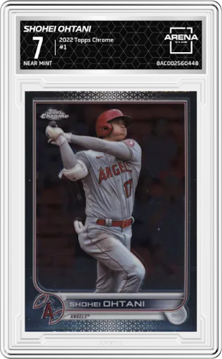 Shohei Ohtani from the 2022 Topps Chrome set graded by Arena Club and given an overall grade of 7.