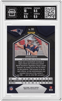 Drake Maye from the 2024 Panini Mosaic set graded by Arena Club and given an overall grade of 9.