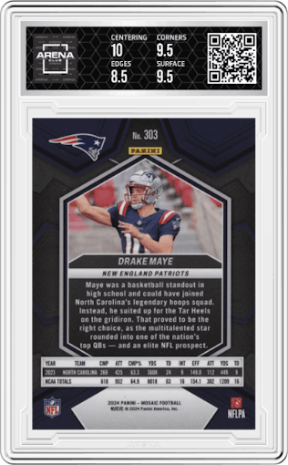 Drake Maye from the 2024 Panini Mosaic set graded by Arena Club and given an overall grade of 9.